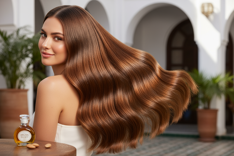 image réaliste d'une femme montrant ses cheveux lisses et brillants grâce à l'huile d'argan